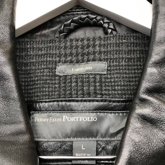 Perry Ellis Portfolio Genuine Leather Lambskin Wool Blend Jacket Womens L Black - Picture 3 of 13